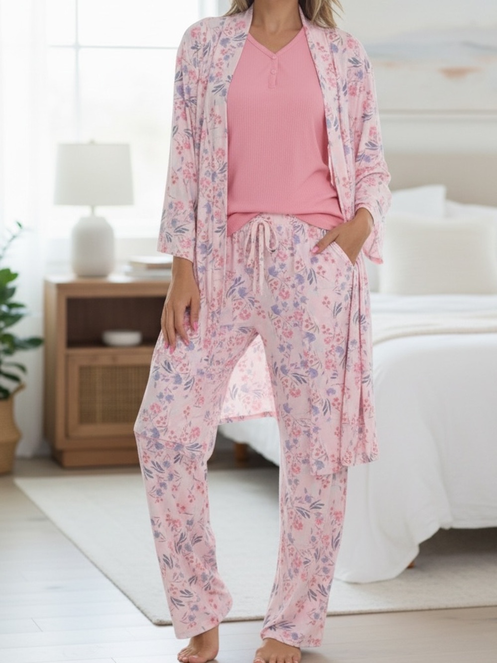 Flora Nikrooz Women’s 3-Piece Pajama Set XXL Pink NWT Robe Tank Pants Lounge Set